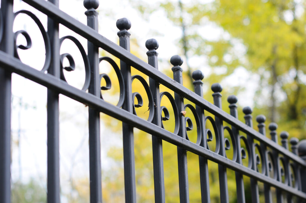 Close-up of a beautiful, decorative wrought iron fence with artistic forging. 