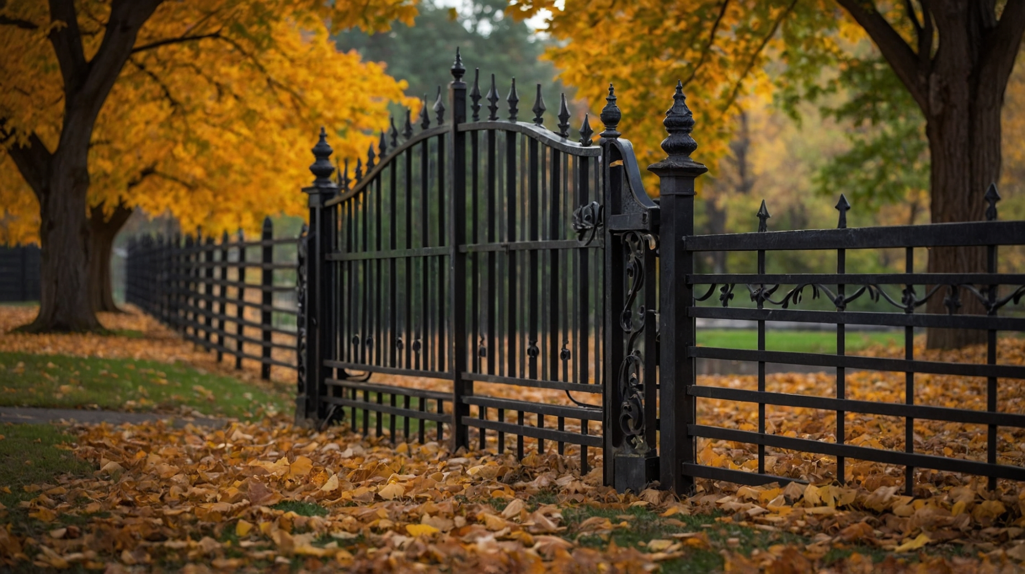 A regal black wrought iron fence is shown on a large property amongst fall foliage of trees with orange leaves.