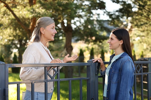 Two neighbours stand on opposite sides of a shared fence, facing each other and having a calm conversation.