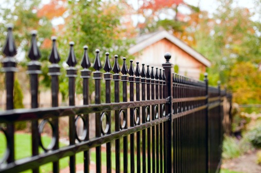 A black wrought iron fence with decorative spear-top finials runs straight along the shared boundary between two neighbouring residential properties